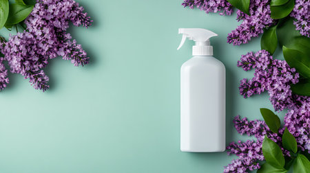 Floral arrangement with a spray bottle on a pastel surface highlighting fresh lavender blooms in a calm settingの素材