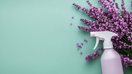 Delicate lavender sprigs, combined with a sleek spray bottle, bring a sense of tranquility to an elegantly minimalist spaceの素材