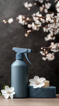 Decorative cleaning supplies with blossoms on dark background in a minimalistic setup during springtimeの素材