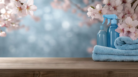 Spring cleaning supplies arranged on a wooden table with blossoming cherry flowers in a serene backgroundの素材