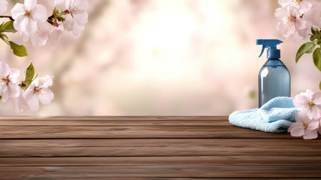 Blossoms accentuate a clean workspace with a spray bottle and cloth, highlighting the freshness and charm of spring cleaningの素材