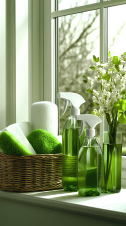Bright green cleaning supplies arranged on a windowsill with blooming flowers and natural light enhancing a fresh atmosphereの素材