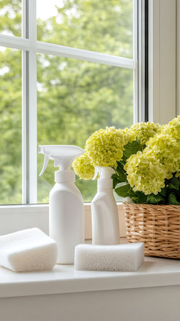 A cozy home features a kitchen window sill adorned with vibrant fresh flowers and essential cleaning supplies, adding charmの素材