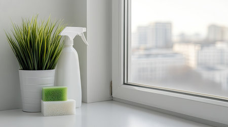 A collection of colorful cleaning supplies is neatly organized on a sunny windowsill, offering a stunning view of the city skyline during the dayの素材