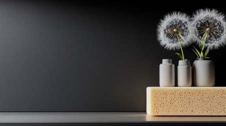 Arrangements of dandelions placed in sleek, minimalist vases rest atop a dark shelf featuring a rich, textured surfaceの素材
