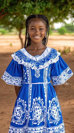 A cheerful young girl wearing a beautiful traditional blue dress is smiling happily in an outdoor setting surrounded by trees beneath the bright daylightの素材