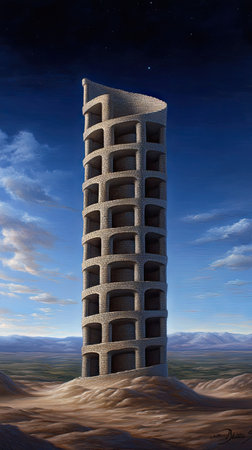Surreal cylindrical structure rising into a clear blue sky amid distant mountains and dramatic clouds during daylightの素材
