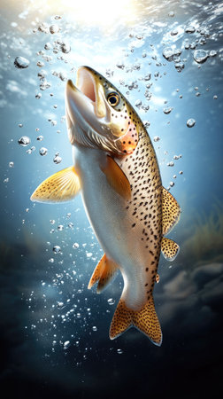A vibrant school of rainbow trout gracefully swims upward in the crystal-clear water, surrounded by bubbles on a bright, sunny dayの素材