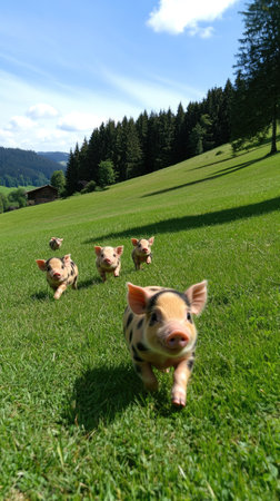 Piglets playfully running on a green meadow in a rural setting surrounded by trees and mountains during a sunny dayの素材