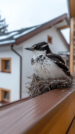 Bird nests on the balcony railing with a white house backdrop during a cloudy day in a residential areaの素材