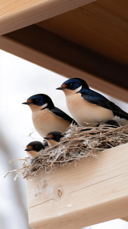 Swallows nesting under a wooden structure in early spring capturing family dynamics and natures graceの素材