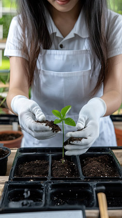 Gardening enthusiast nurtures young plant seedling in planting trays during bright daylight hours in a greenhouseの素材