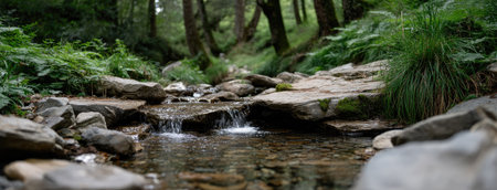 A small waterfall gracefully cascades over smooth rocks in a vibrant forest. This tranquil setting features lush greenery and clear water, ideal for nature enthusiasts seeking peace and beauty.の素材