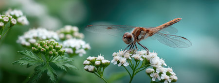 A dragonfly rests atop a delicate wildflower, surrounded by lush greenery, captured in a macro shot emphasizing vibrant colors and soft shadows, ideal for use in design projects.の素材