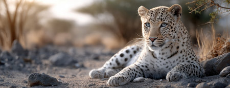 A leopard reclines on the warm savanna ground bathed in gold light, embodying serenity and strength as it enjoys the quiet surroundings of its natural habitat.の素材