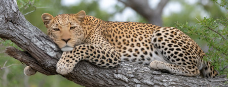 A magnificent leopard lounges on a sturdy acacia tree branch under a soft sky, embodying tranquility in the savannah landscape, with detailed fur patterns and an inquisitive gaze.の素材