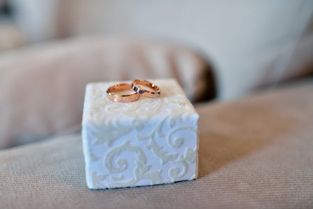 Beautiful wedding rings for bride and groom. Beauty of wedding accessories indoors. Close-up bridal...