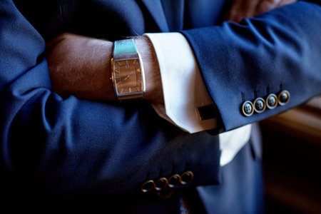 Handsome groom in suit in the hall