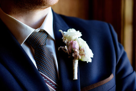 Handsome groom in suit in the hall
