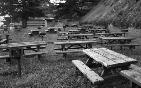 A Picnic area empty in B&Wの写真素材