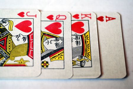 The King, Queen, Jack and Ace of the Hearts suit from a deck of playing cardsのeditorial素材
