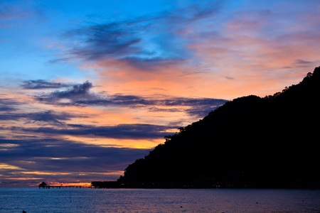 Colorfull sunset on a tropical beach in Malaysiaの写真素材