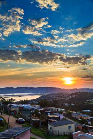 Aerial view of a township in South Africa at sunset