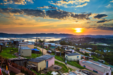 Aerial view of a township in South Africa at sunset