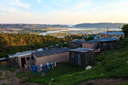 Aerial view of a township in South Africa at sunsetの写真素材