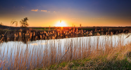 Colorful sunset landscape with canel in front