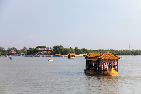 Dragon boat on lake Kunming at summer palace, Beijing in China