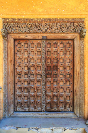 Hand crafted wooden door post at Stone Town, Zanzibarの写真素材
