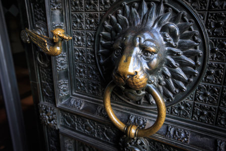 Brass Lions head doorknob on an old church doorの写真素材