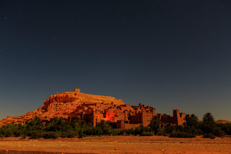 Kasbah Ait Ben Haddou at night in the Moroccan Atlas mountainsのeditorial素材