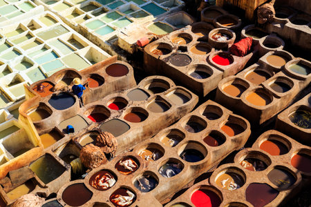 Leather dying in a traditional tannery in the city Fes, Morocco