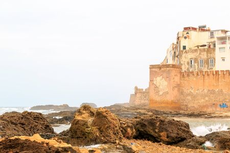 medieval protection wall of Essaouira in Morocco seen from the oceanのeditorial素材