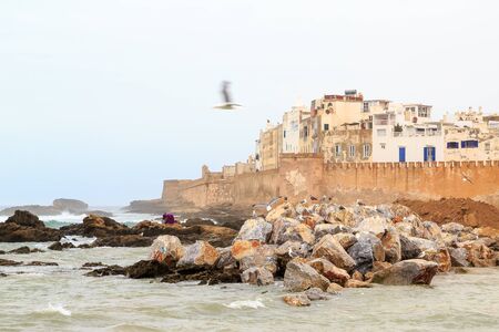 medieval protection wall of Essaouira in Morocco seen from the oceanのeditorial素材