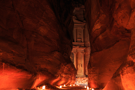 The Treasury, Petra By Night. An Ancient City of Petra, Al Khazneh in Jordanの写真素材