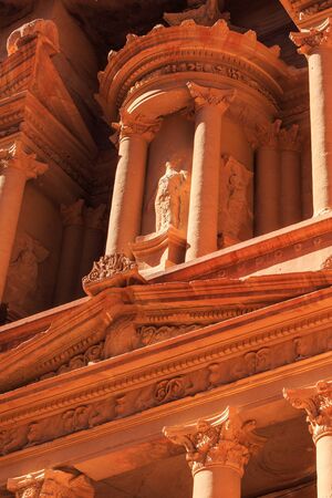 Detail of the Treasury at Petra the ancient City  Al Khazneh in Jordan lit by the sunの写真素材