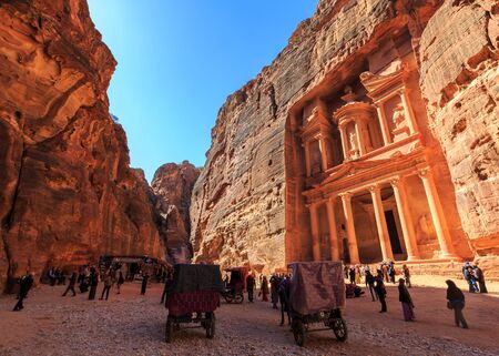 The Treasury at Petra the ancient City  Al Khazneh in Jordan lit by the sunの写真素材