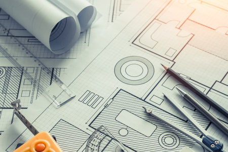Architect tools with blue prints.