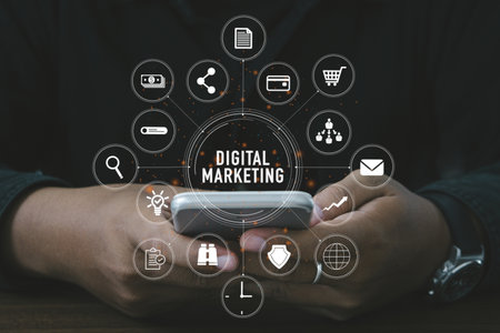 Marketing concept with person using  laptop computer, tablet and smart phone in office with virtual icon diagram.Digital Marketing Concept.の写真素材