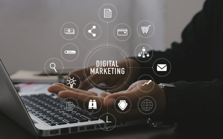Marketing concept with person using  laptop computer, tablet and smart phone in office with virtual icon diagram.Digital Marketing Concept.の写真素材
