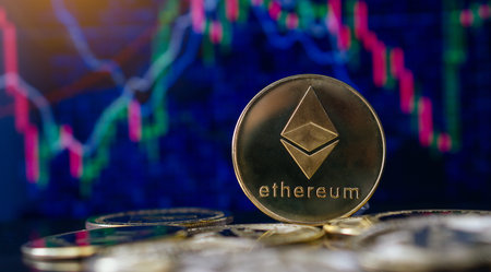 Ethereum (ETH) cryptocurrency coin with Candle stick graph chart and digital background.