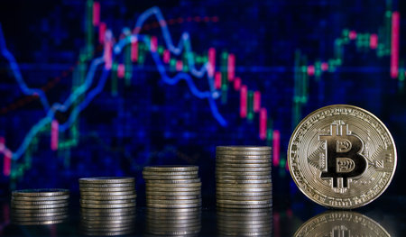 Bitcoin.BTC Cryptocurrency Coins.Golden bitcoins with Candle stick graph chart and digital...