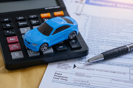 Car insurance concept.Signing insurance document papers with calculator.