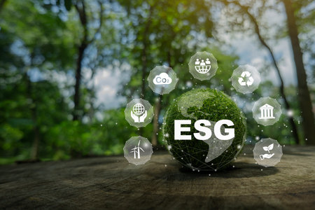 ESG Banner.ESG icon concept for environmental, social, and governance in sustainable and ethical business on the Network connection on a green background.の写真素材