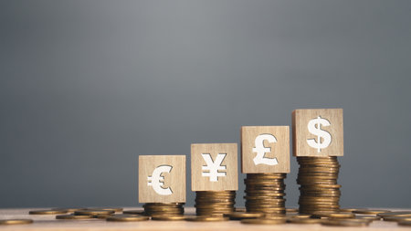 Currency exchange, money transfer,Wooden cube with US dollar,Yen,Euro and Pound sterling sign on stack coin.Investment and saving concept.の写真素材