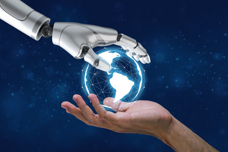 AI research of android robot and cyborg development for future of people living.robot hand and human...