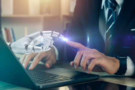 Technology meets humanity.Cyborg finger touching human finger.AI technology development.Global robotic bionic science research for future of human life.の写真素材
